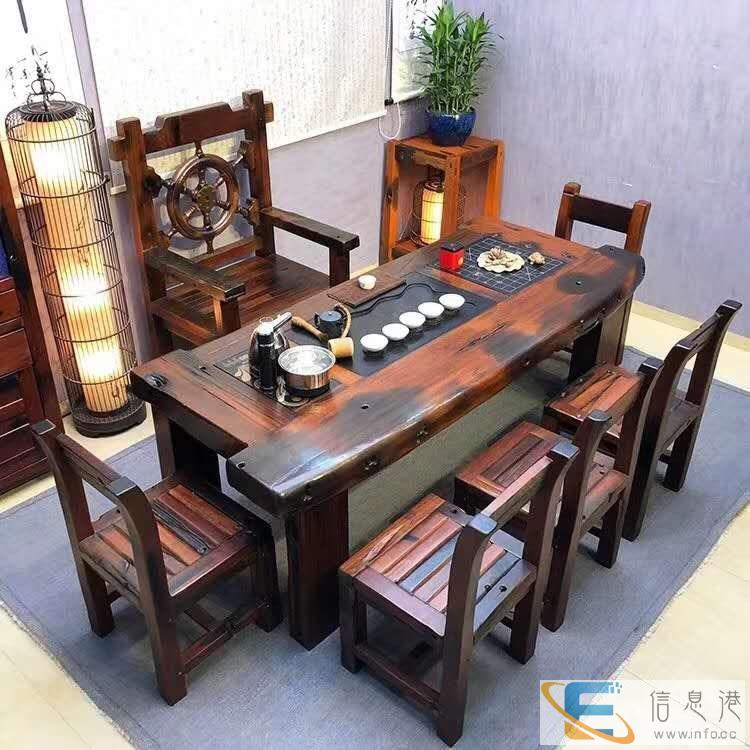 老船木特价棋盘茶桌椅组合沉船木龙骨海螺孔茶台茶几